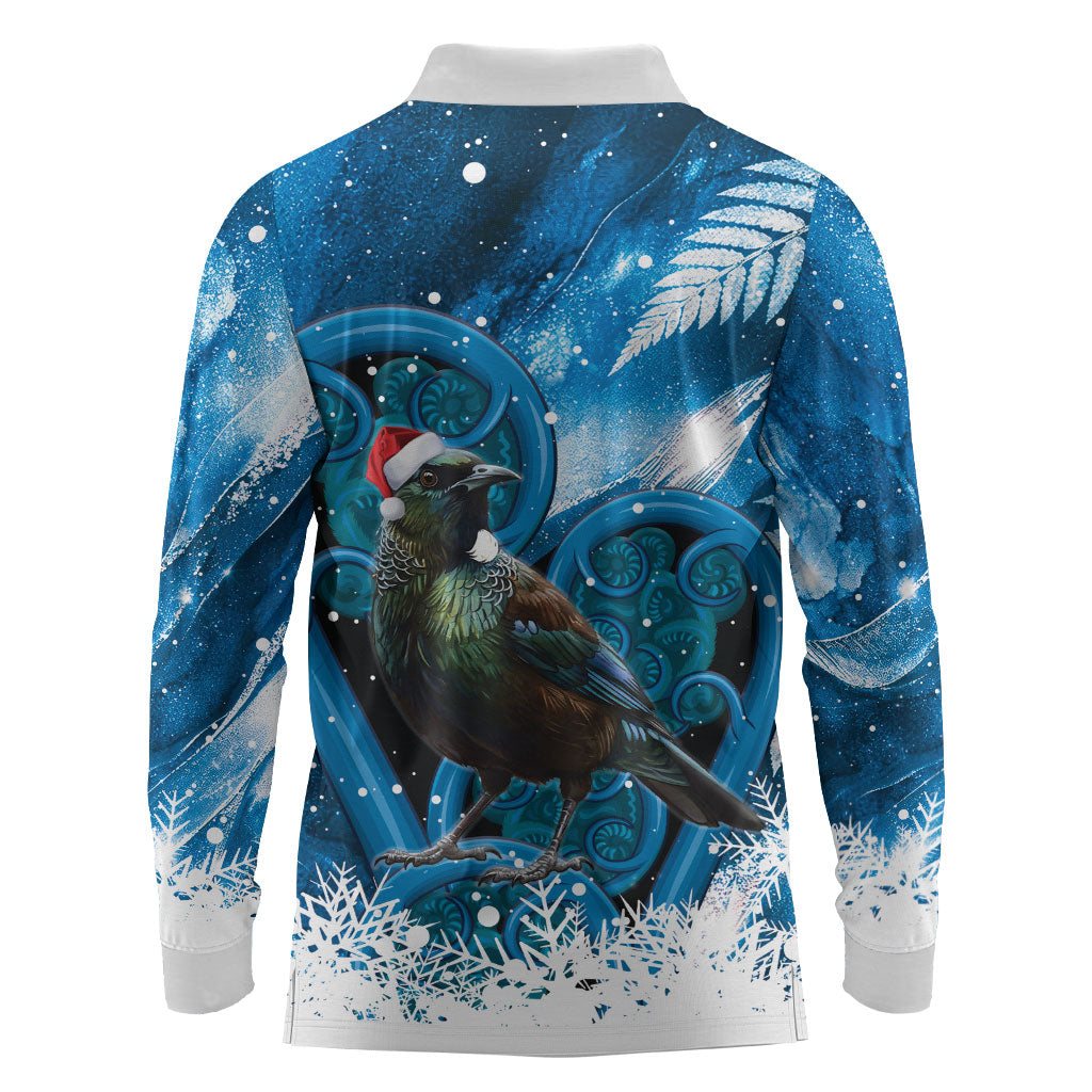 Tui Bird New Zealand Christmas In July Long Sleeve Polo Shirt NZ Aroha Koru Fern Marble Vibes LT14 - Polynesian Pride