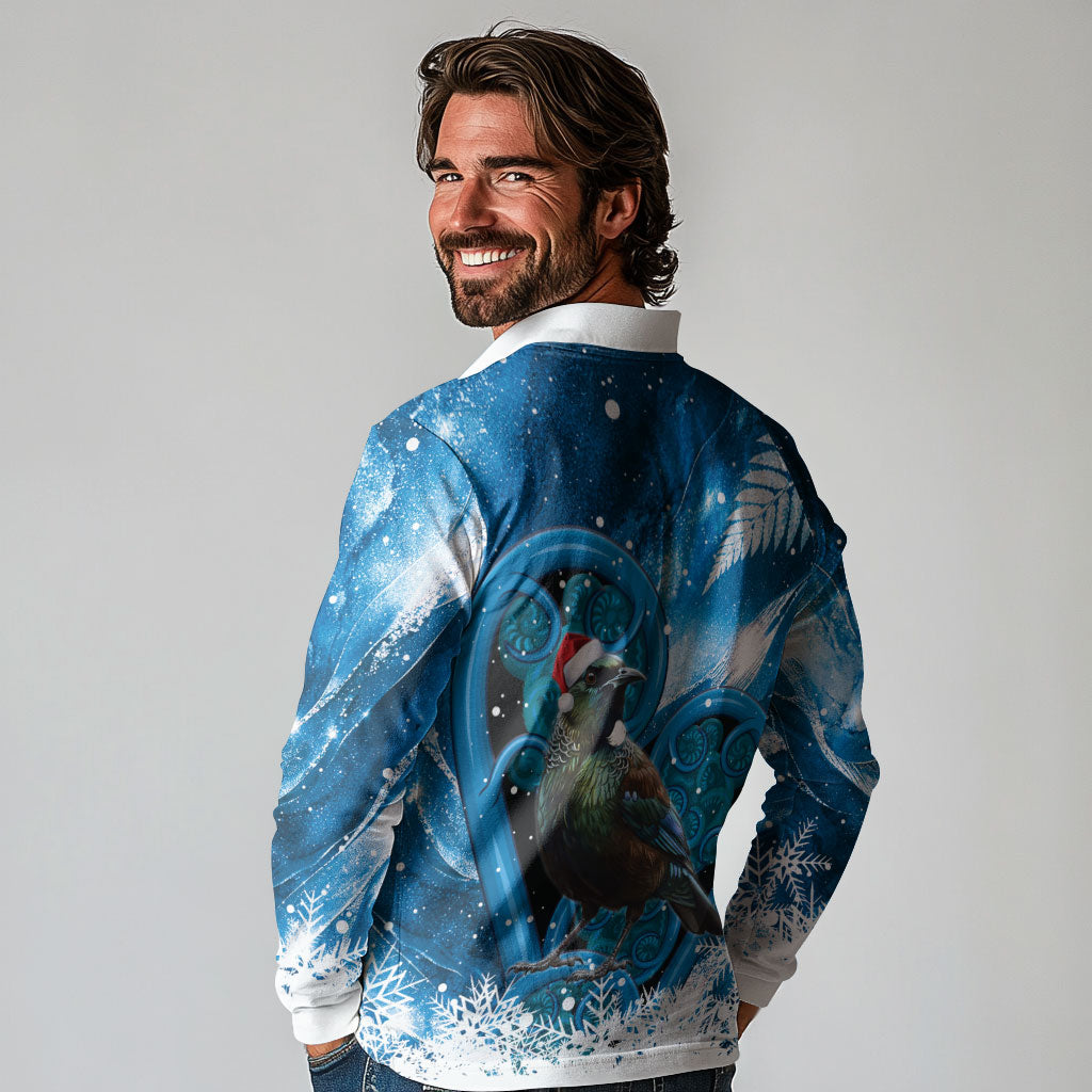 Tui Bird New Zealand Christmas In July Long Sleeve Polo Shirt NZ Aroha Koru Fern Marble Vibes LT14 - Polynesian Pride