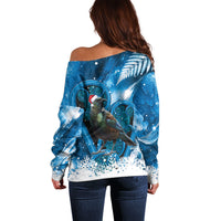 Tui Bird New Zealand Christmas In July Off Shoulder Sweater NZ Aroha Koru Fern Marble Vibes LT14 - Polynesian Pride