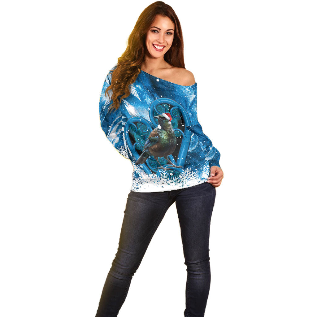 Tui Bird New Zealand Christmas In July Off Shoulder Sweater NZ Aroha Koru Fern Marble Vibes LT14 - Polynesian Pride