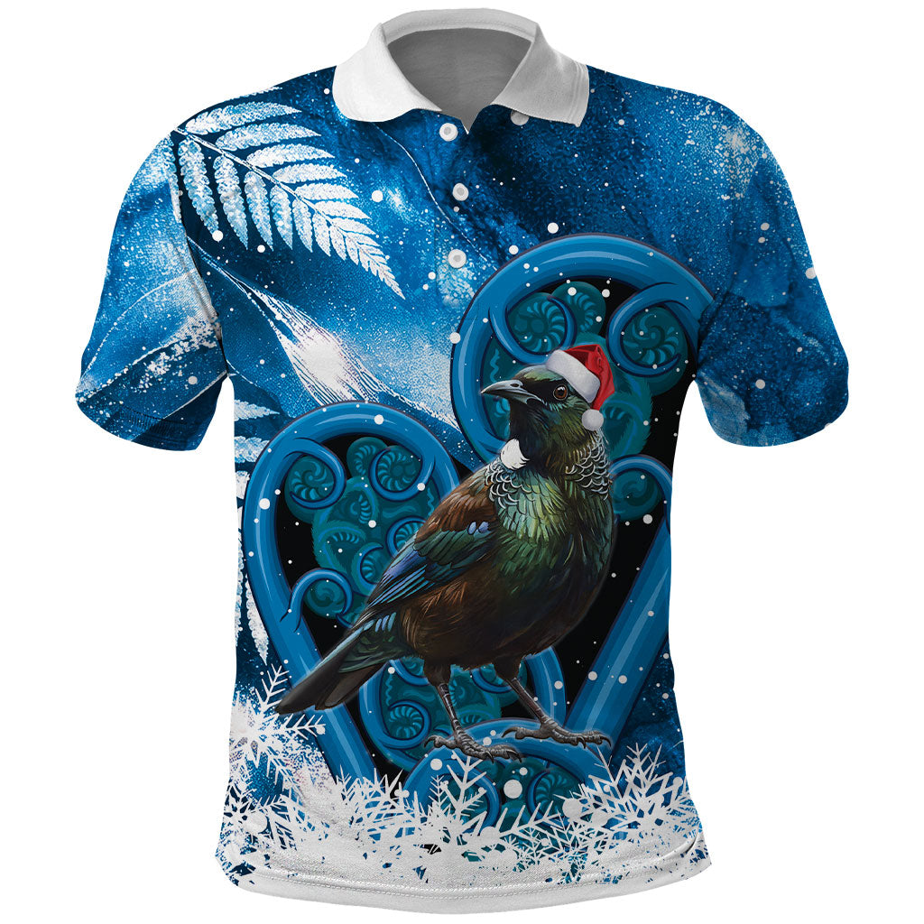 Tui Bird New Zealand Christmas In July Polo Shirt NZ Aroha Koru Fern Marble Vibes LT14 Blue - Polynesian Pride