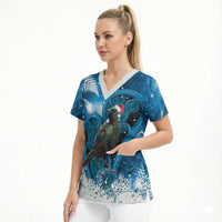 Tui Bird New Zealand Christmas In July Scrub Top NZ Aroha Koru Fern Marble Vibes LT14 - Polynesian Pride