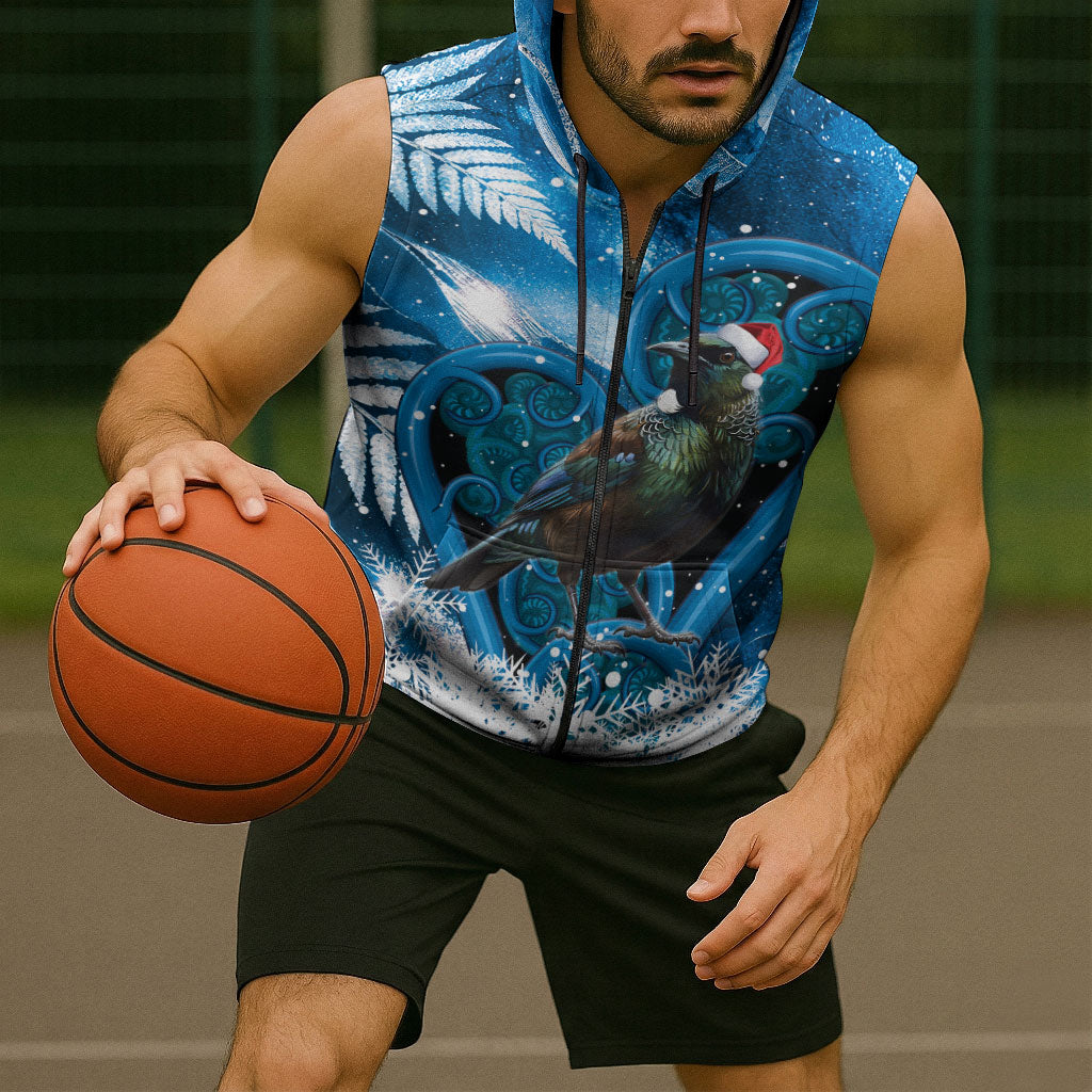 Tui Bird New Zealand Christmas In July Sleeveless Zip Hoodie NZ Aroha Koru Fern Marble Vibes LT14 - Polynesian Pride