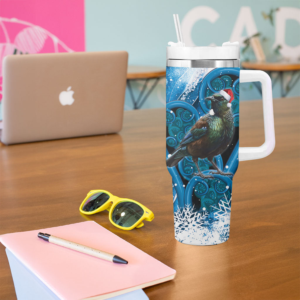 Tui Bird New Zealand Christmas In July Tumbler With Handle NZ Aroha Koru Fern Marble Vibes LT14 - Polynesian Pride