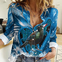Tui Bird New Zealand Christmas In July Women Casual Shirt NZ Aroha Koru Fern Marble Vibes LT14 Female Blue - Polynesian Pride