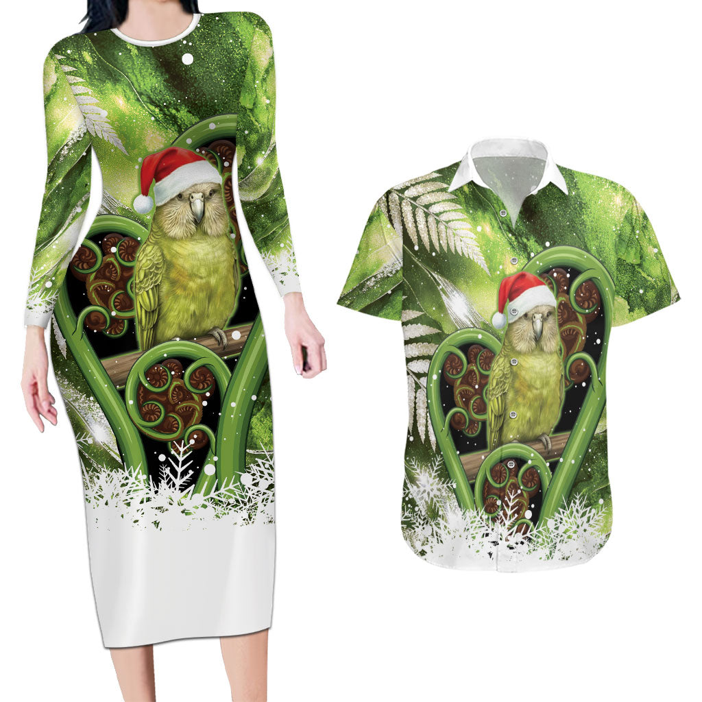 Kakapo New Zealand Christmas In July Couples Matching Long Sleeve Bodycon Dress and Hawaiian Shirt NZ Aroha Koru Fern Marble Vibes LT14 Green - Polynesian Pride