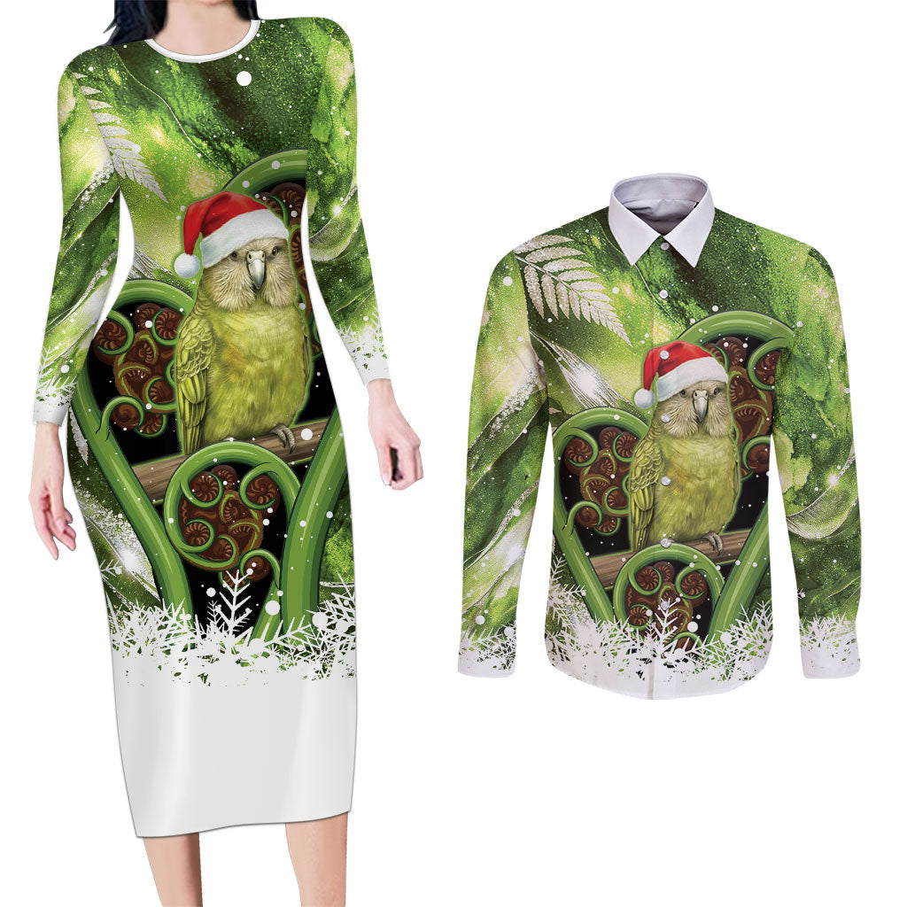 Kakapo New Zealand Christmas In July Couples Matching Long Sleeve Bodycon Dress and Long Sleeve Button Shirt NZ Aroha Koru Fern Marble Vibes LT14 Green - Polynesian Pride