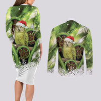 Kakapo New Zealand Christmas In July Couples Matching Long Sleeve Bodycon Dress and Long Sleeve Button Shirt NZ Aroha Koru Fern Marble Vibes LT14 - Polynesian Pride