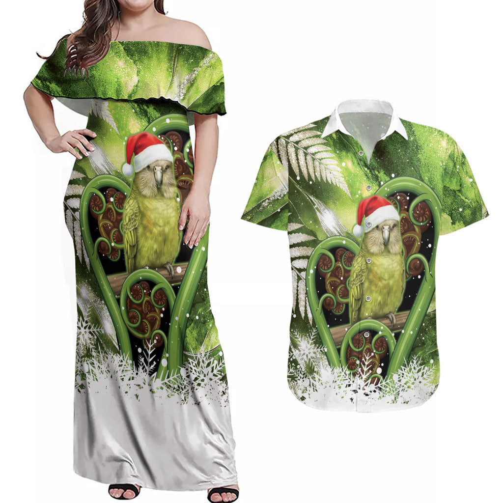 Kakapo New Zealand Christmas In July Couples Matching Off Shoulder Maxi Dress and Hawaiian Shirt NZ Aroha Koru Fern Marble Vibes LT14 Green - Polynesian Pride