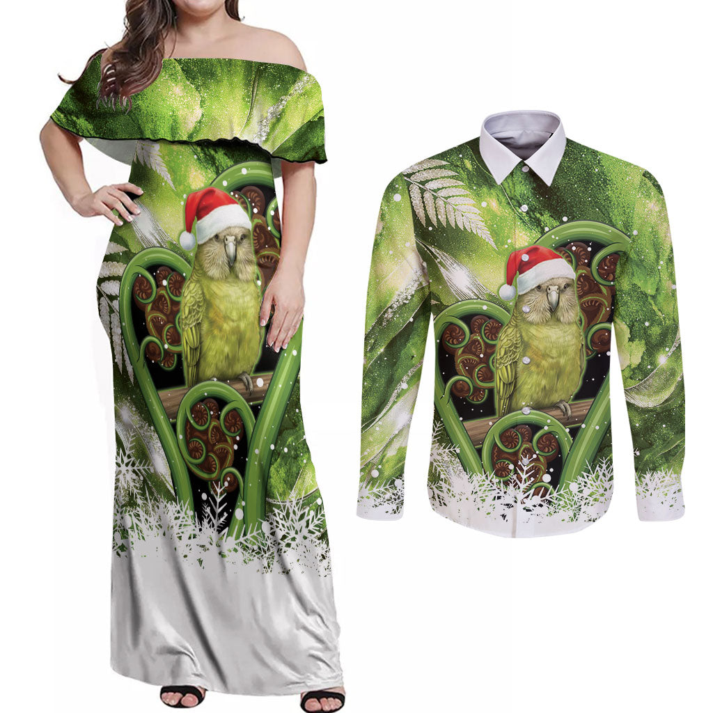 Kakapo New Zealand Christmas In July Couples Matching Off Shoulder Maxi Dress and Long Sleeve Button Shirt NZ Aroha Koru Fern Marble Vibes LT14 Green - Polynesian Pride