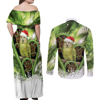 Kakapo New Zealand Christmas In July Couples Matching Off Shoulder Maxi Dress and Long Sleeve Button Shirt NZ Aroha Koru Fern Marble Vibes LT14 - Polynesian Pride