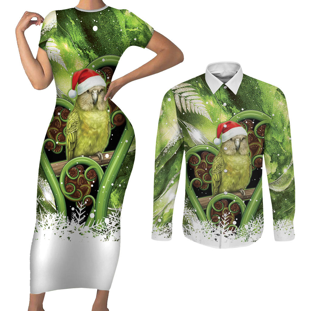 Kakapo New Zealand Christmas In July Couples Matching Short Sleeve Bodycon Dress and Long Sleeve Button Shirt NZ Aroha Koru Fern Marble Vibes LT14 Green - Polynesian Pride