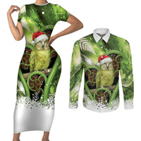 Kakapo New Zealand Christmas In July Couples Matching Short Sleeve Bodycon Dress and Long Sleeve Button Shirt NZ Aroha Koru Fern Marble Vibes LT14 Green - Polynesian Pride