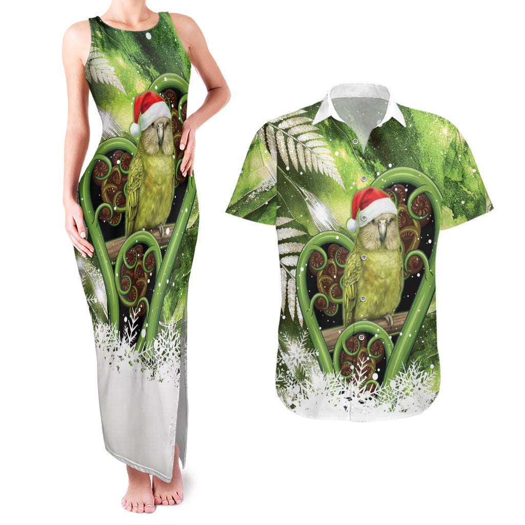Kakapo New Zealand Christmas In July Couples Matching Tank Maxi Dress and Hawaiian Shirt NZ Aroha Koru Fern Marble Vibes LT14 Green - Polynesian Pride