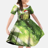 Kakapo New Zealand Christmas In July Family Matching Off The Shoulder Long Sleeve Dress and Hawaiian Shirt NZ Aroha Koru Fern Marble Vibes LT14 Daughter's Dress Green - Polynesian Pride