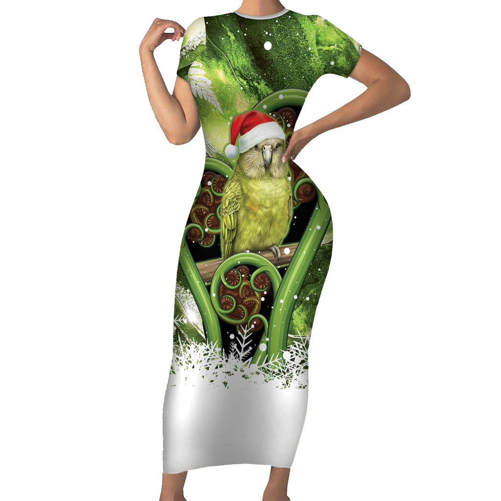 Kakapo New Zealand Christmas In July Family Matching Short Sleeve Bodycon Dress and Hawaiian Shirt NZ Aroha Koru Fern Marble Vibes LT14 Mom's Dress Green - Polynesian Pride
