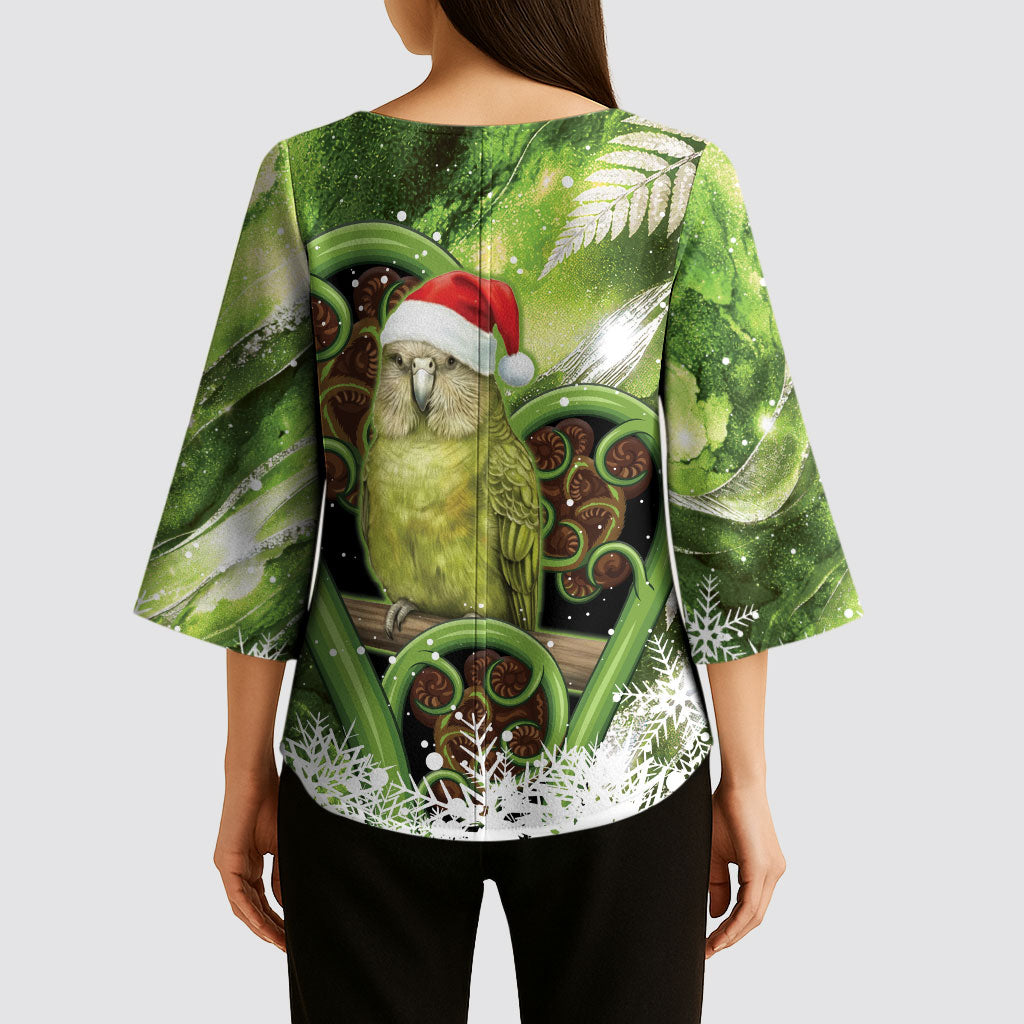 Kakapo New Zealand Christmas In July Kimono Sleeve Blouse NZ Aroha Koru Fern Marble Vibes LT14 - Polynesian Pride