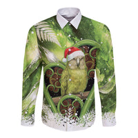 Kakapo New Zealand Christmas In July Long Sleeve Button Shirt NZ Aroha Koru Fern Marble Vibes LT14 Unisex Green - Polynesian Pride