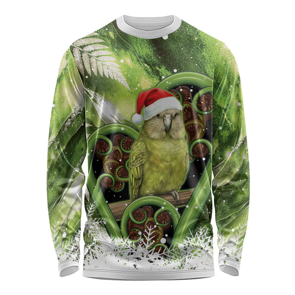Kakapo New Zealand Christmas In July Long Sleeve Shirt NZ Aroha Koru Fern Marble Vibes LT14 Unisex Green - Polynesian Pride