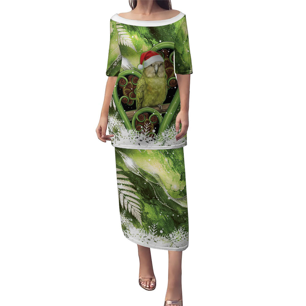 Kakapo New Zealand Christmas In July Puletasi NZ Aroha Koru Fern Marble Vibes LT14 Long Dress Green - Polynesian Pride