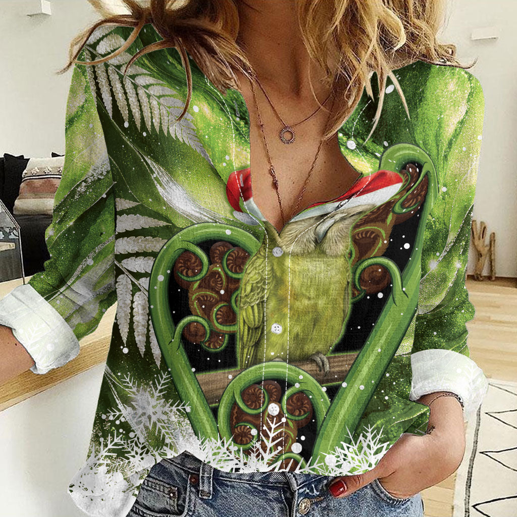 Kakapo New Zealand Christmas In July Women Casual Shirt NZ Aroha Koru Fern Marble Vibes LT14 Female Green - Polynesian Pride