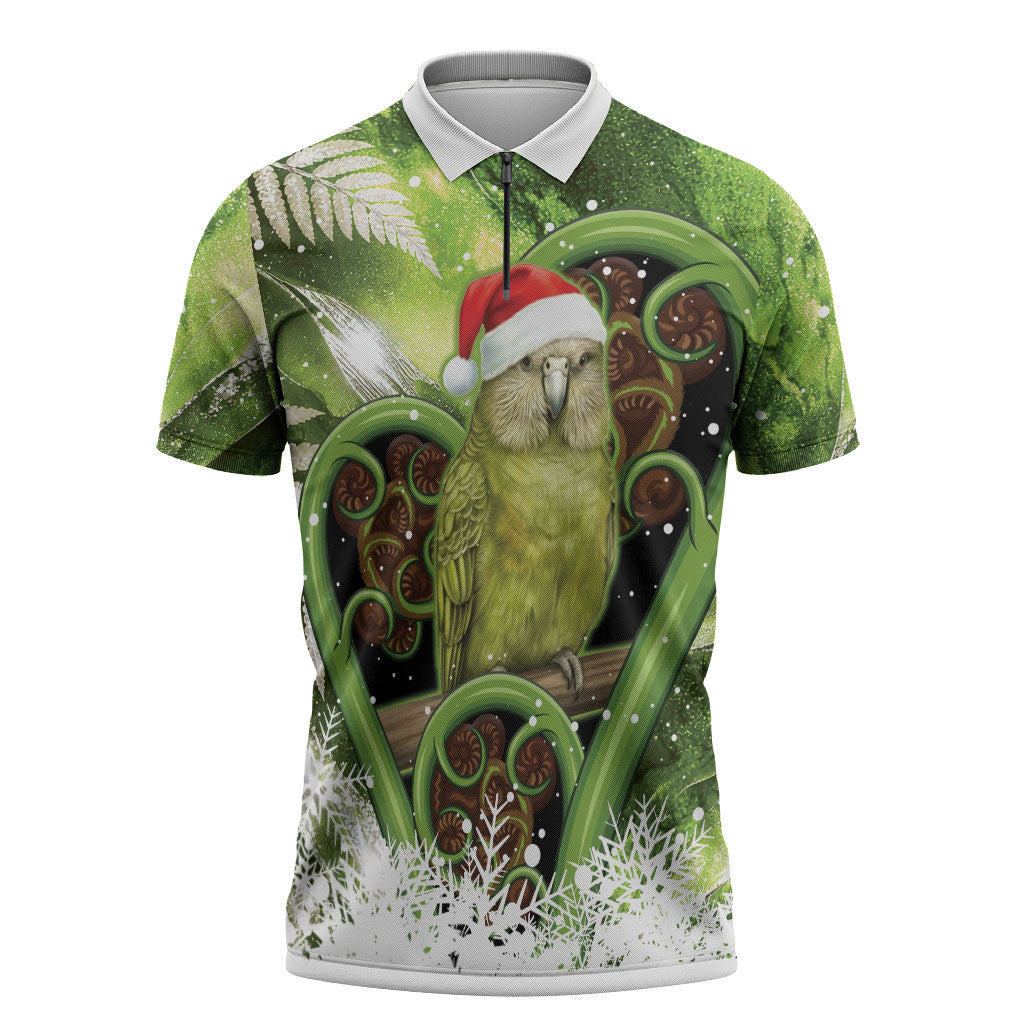 Kakapo New Zealand Christmas In July Zipper Polo Shirt NZ Aroha Koru Fern Marble Vibes LT14 Green - Polynesian Pride