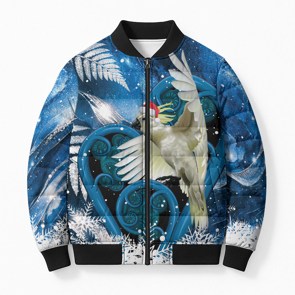 Sulphur-crested Cockatoo New Zealand Christmas In July Bomber Puffer Jacket NZ Aroha Koru Fern Marble Vibes LT14 Unisex Blue - Polynesian Pride