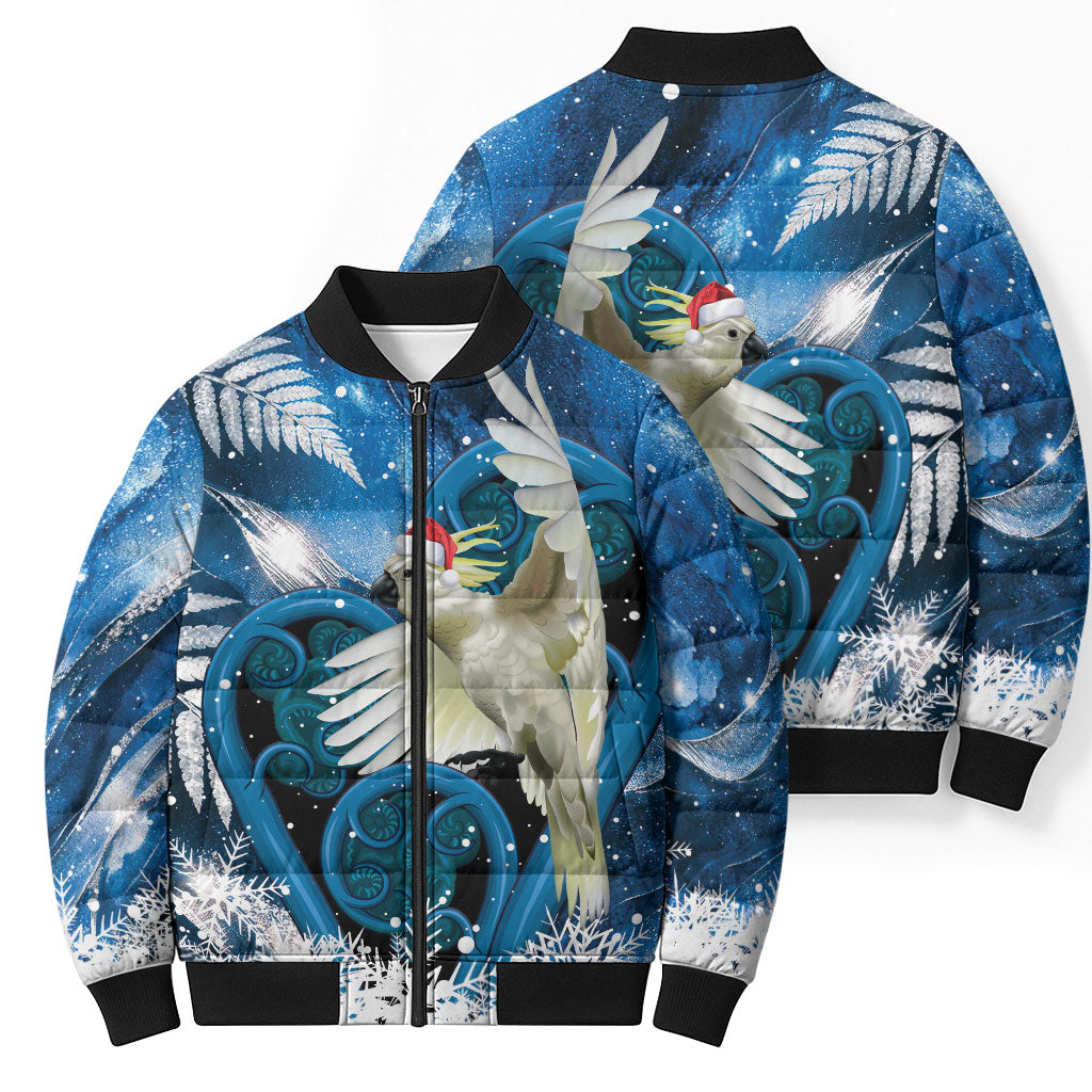 Sulphur-crested Cockatoo New Zealand Christmas In July Bomber Puffer Jacket NZ Aroha Koru Fern Marble Vibes LT14 - Polynesian Pride