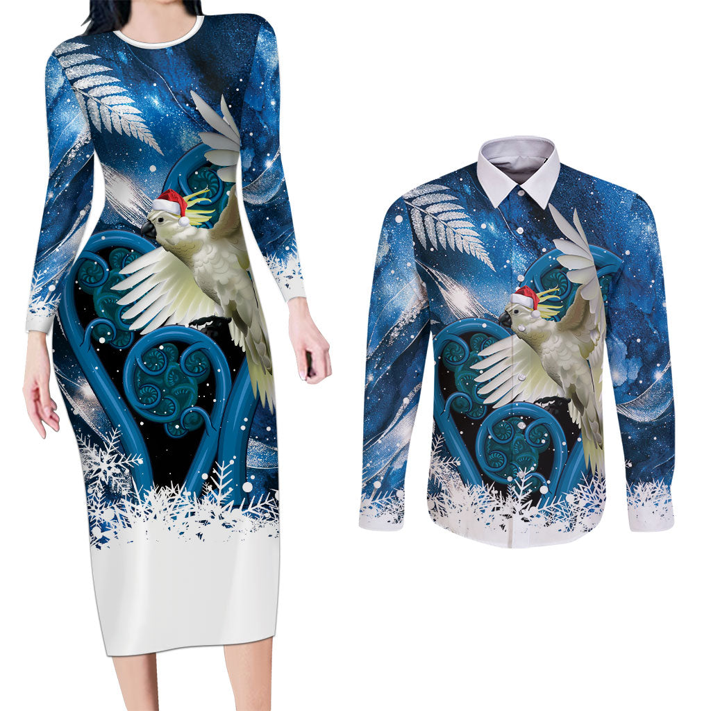 Sulphur-crested Cockatoo New Zealand Christmas In July Couples Matching Long Sleeve Bodycon Dress and Long Sleeve Button Shirt NZ Aroha Koru Fern Marble Vibes LT14 Blue - Polynesian Pride