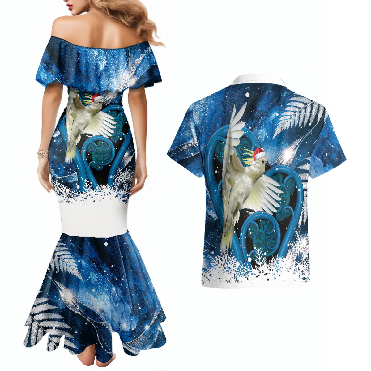 Sulphur-crested Cockatoo New Zealand Christmas In July Couples Matching Mermaid Dress and Hawaiian Shirt NZ Aroha Koru Fern Marble Vibes LT14 - Polynesian Pride