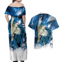 Sulphur-crested Cockatoo New Zealand Christmas In July Couples Matching Off Shoulder Maxi Dress and Hawaiian Shirt NZ Aroha Koru Fern Marble Vibes LT14 - Polynesian Pride