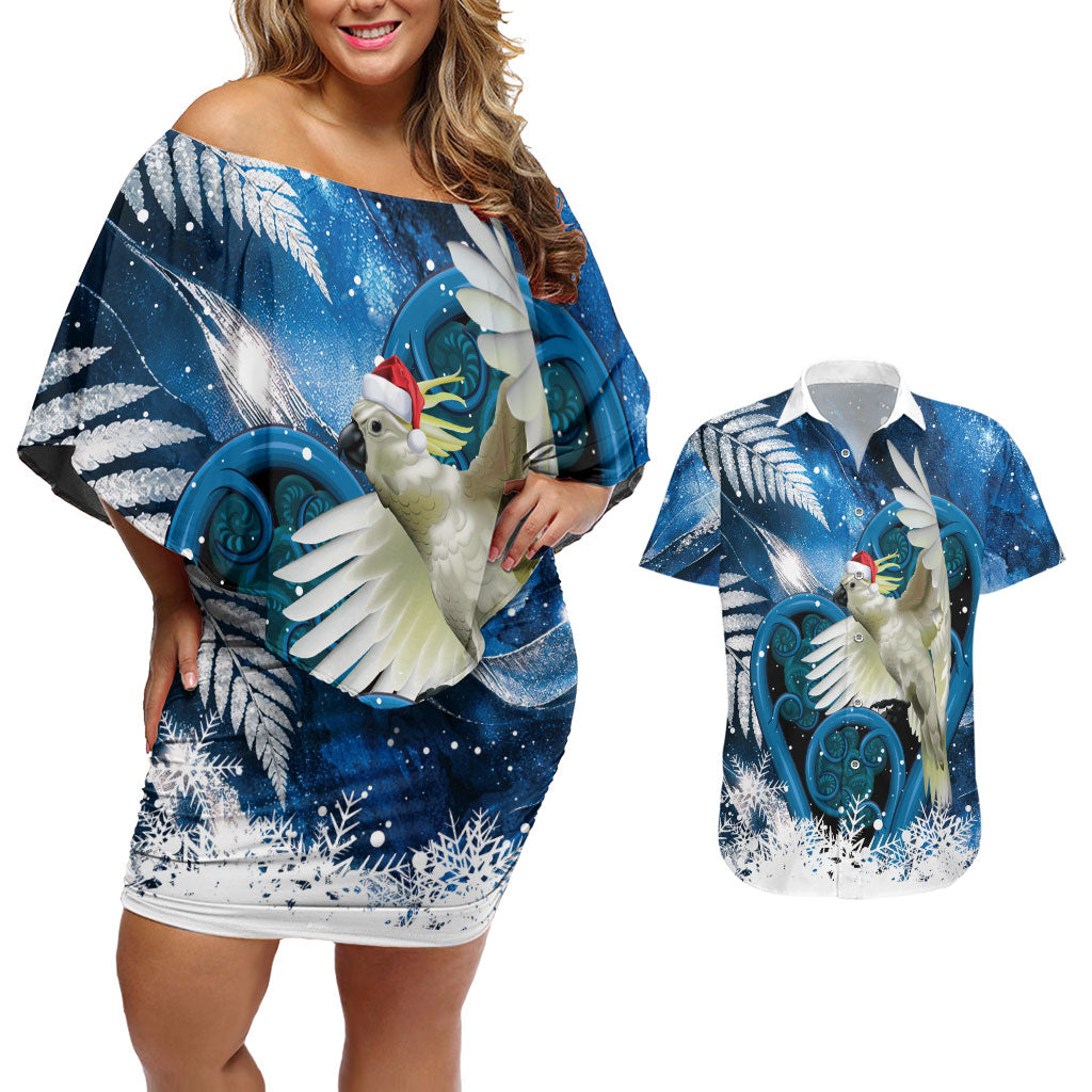Sulphur-crested Cockatoo New Zealand Christmas In July Couples Matching Off Shoulder Short Dress and Hawaiian Shirt NZ Aroha Koru Fern Marble Vibes LT14 Blue - Polynesian Pride