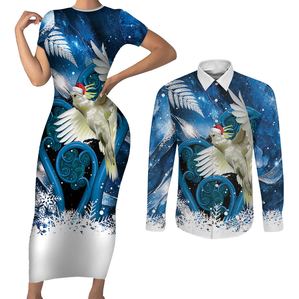 Sulphur-crested Cockatoo New Zealand Christmas In July Couples Matching Short Sleeve Bodycon Dress and Long Sleeve Button Shirt NZ Aroha Koru Fern Marble Vibes LT14 Blue - Polynesian Pride