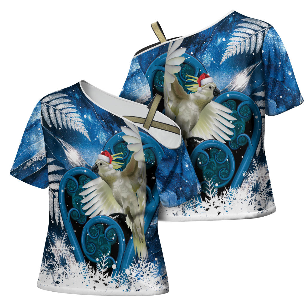 Sulphur-crested Cockatoo New Zealand Christmas In July Cross Shoulder Shirt NZ Aroha Koru Fern Marble Vibes LT14 - Polynesian Pride