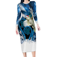 Sulphur-crested Cockatoo New Zealand Christmas In July Family Matching Long Sleeve Bodycon Dress and Hawaiian Shirt NZ Aroha Koru Fern Marble Vibes LT14 Mom's Dress Blue - Polynesian Pride
