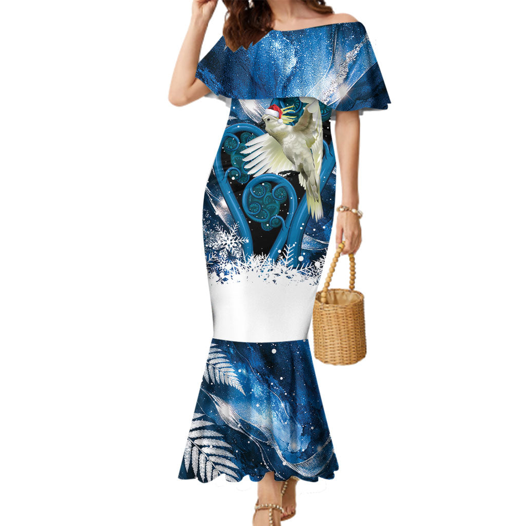 Sulphur-crested Cockatoo New Zealand Christmas In July Family Matching Mermaid Dress and Hawaiian Shirt NZ Aroha Koru Fern Marble Vibes LT14 Mom's Dress Blue - Polynesian Pride