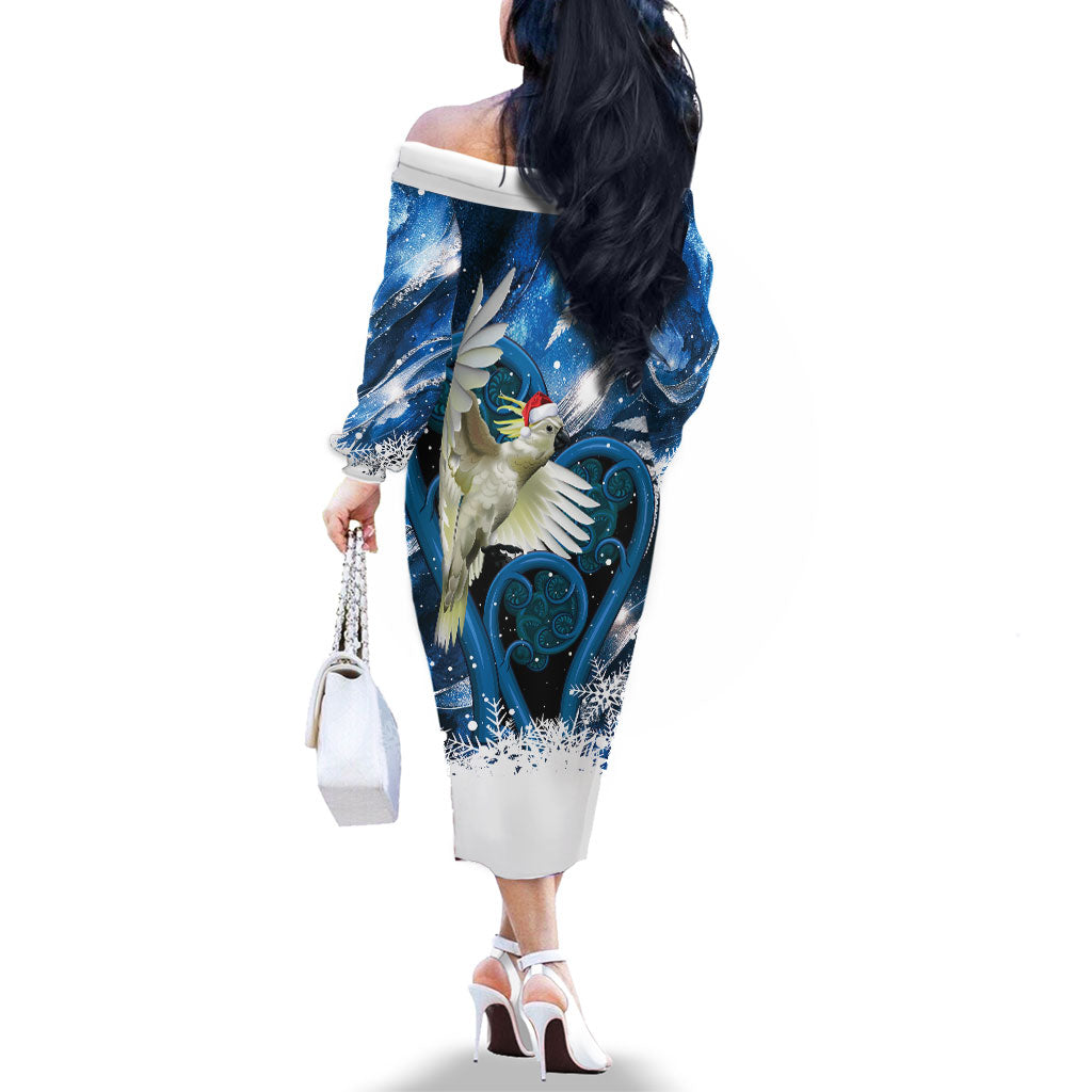 Sulphur-crested Cockatoo New Zealand Christmas In July Family Matching Off The Shoulder Long Sleeve Dress and Hawaiian Shirt NZ Aroha Koru Fern Marble Vibes LT14 - Polynesian Pride
