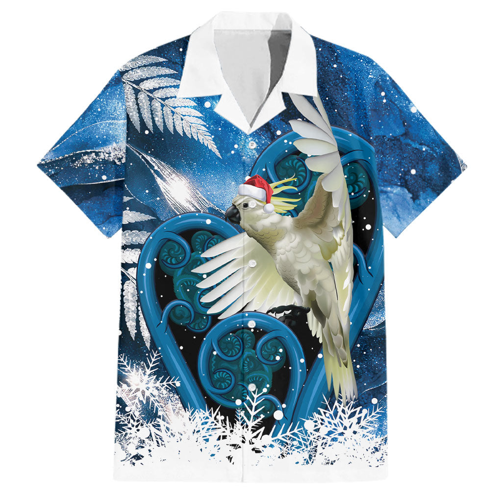 Sulphur-crested Cockatoo New Zealand Christmas In July Family Matching Off Shoulder Maxi Dress and Hawaiian Shirt NZ Aroha Koru Fern Marble Vibes LT14 Dad's Shirt - Short Sleeve Blue - Polynesian Pride