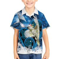 Sulphur-crested Cockatoo New Zealand Christmas In July Family Matching Off Shoulder Maxi Dress and Hawaiian Shirt NZ Aroha Koru Fern Marble Vibes LT14 Son's Shirt Blue - Polynesian Pride