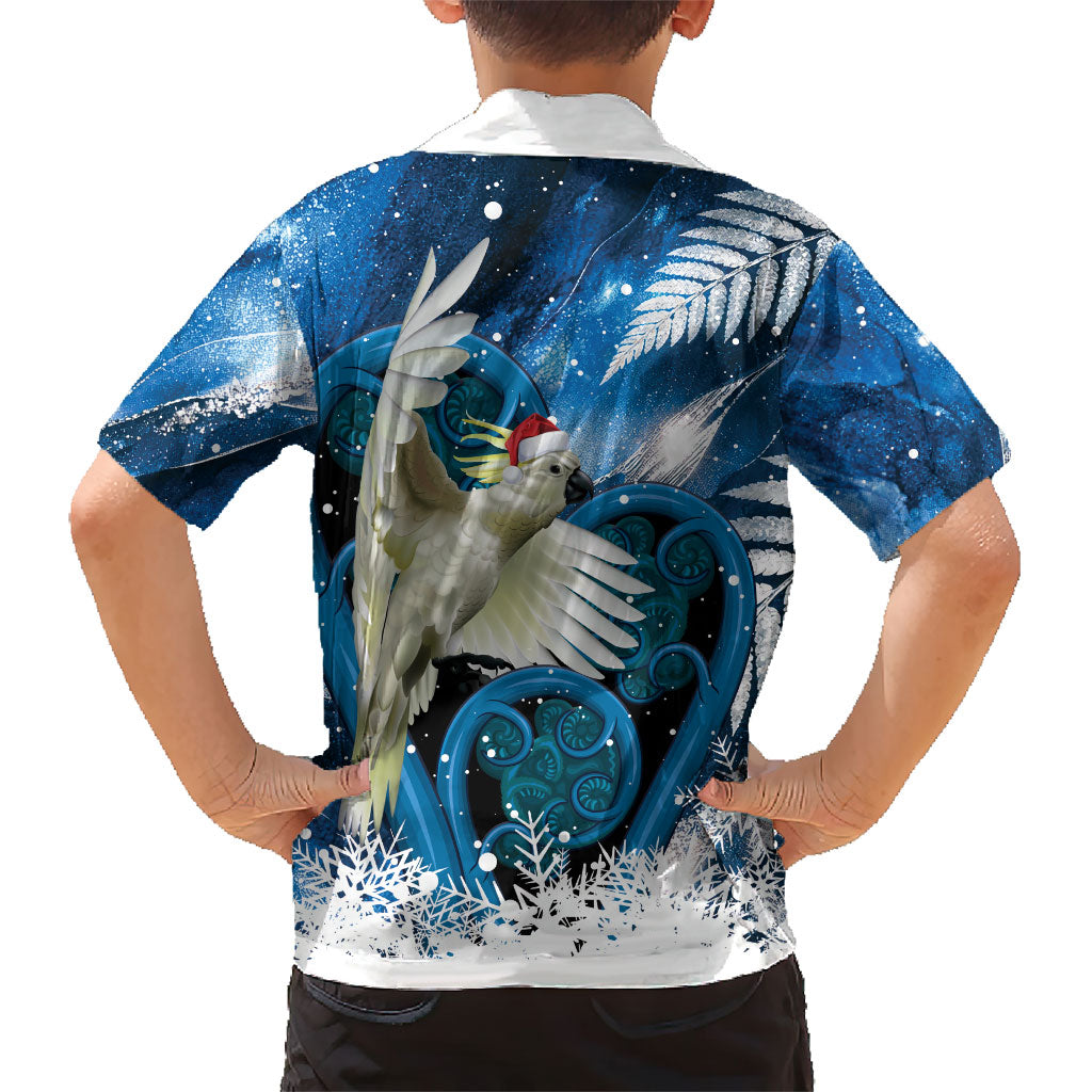 Sulphur-crested Cockatoo New Zealand Christmas In July Family Matching Off Shoulder Short Dress and Hawaiian Shirt NZ Aroha Koru Fern Marble Vibes LT14 - Polynesian Pride