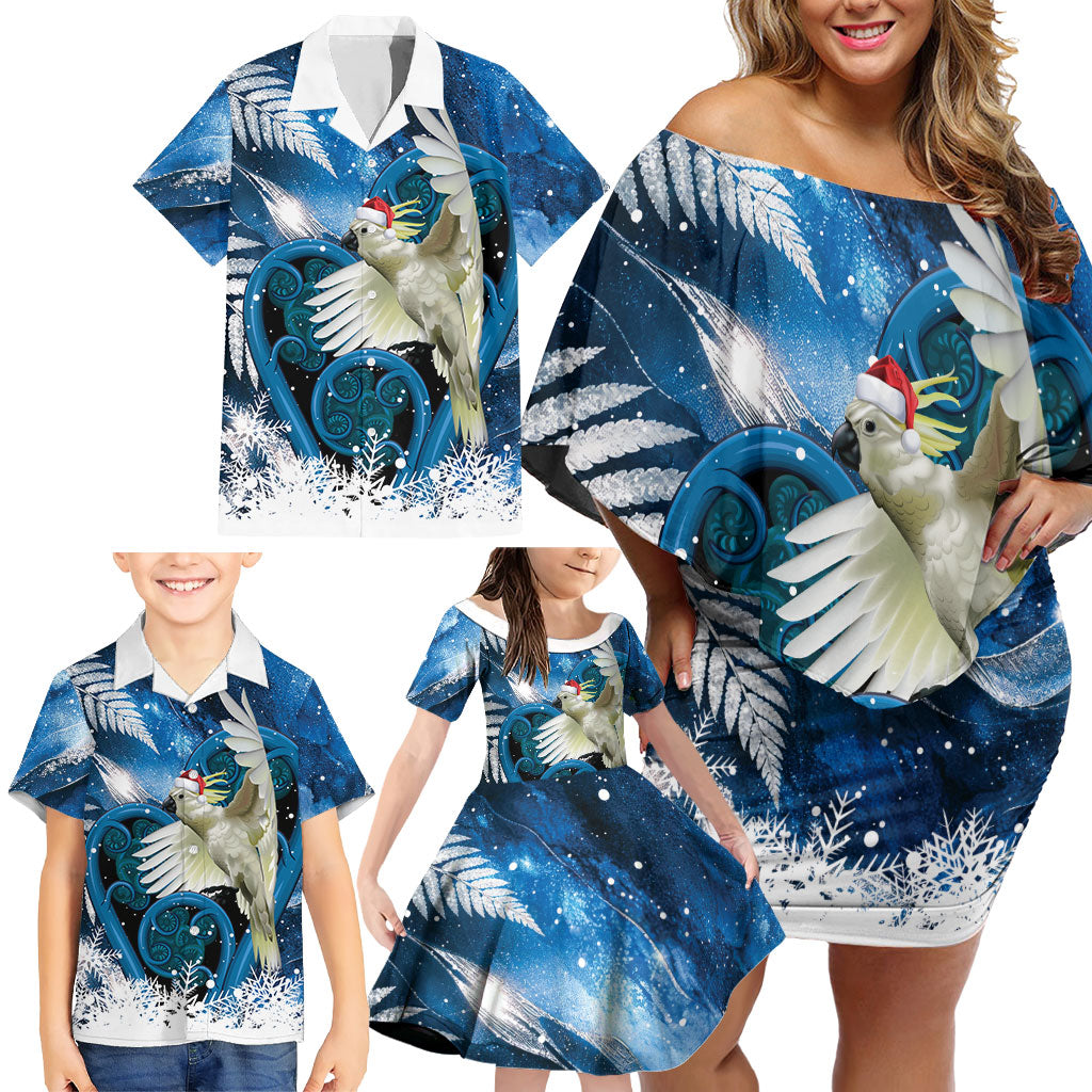 Sulphur-crested Cockatoo New Zealand Christmas In July Family Matching Off Shoulder Short Dress and Hawaiian Shirt NZ Aroha Koru Fern Marble Vibes LT14 - Polynesian Pride