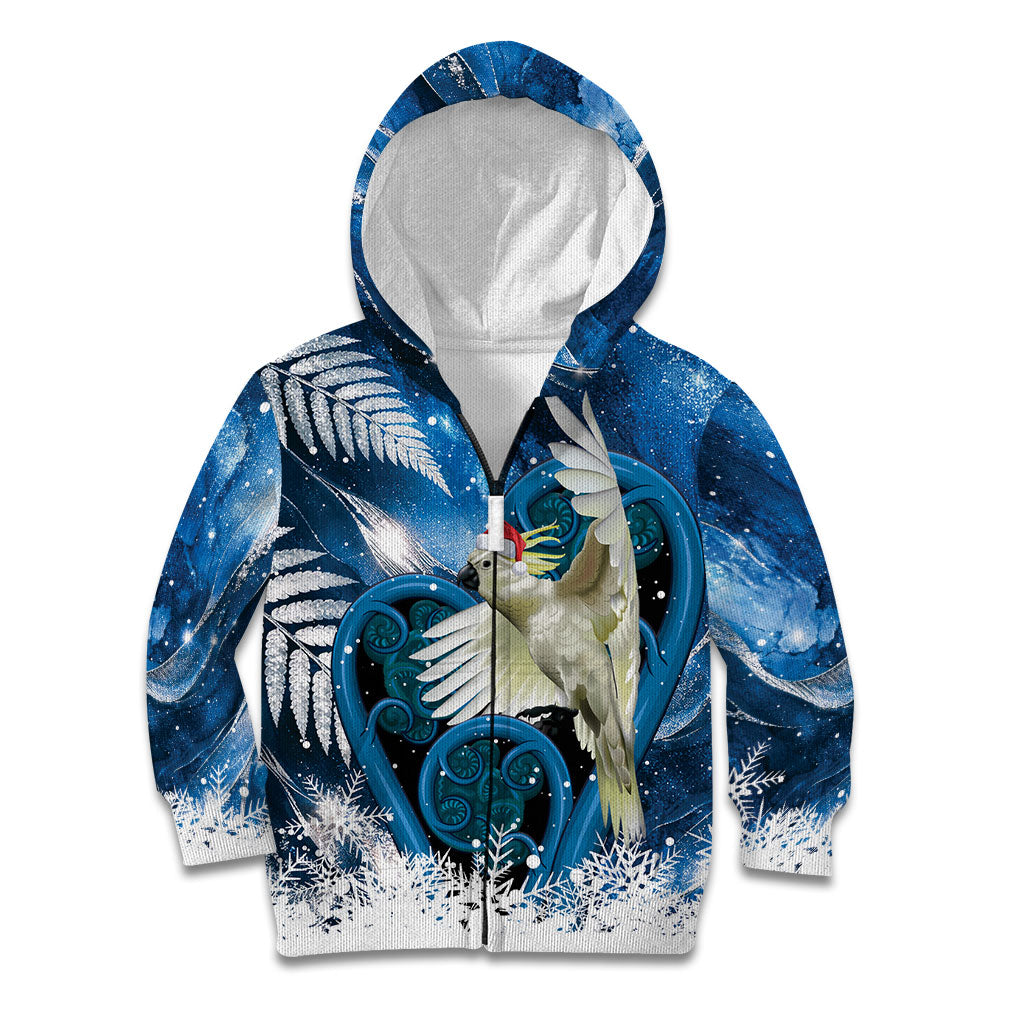 Sulphur-crested Cockatoo New Zealand Christmas In July Kid Hoodie NZ Aroha Koru Fern Marble Vibes LT14 Zip Hoodie Blue - Polynesian Pride