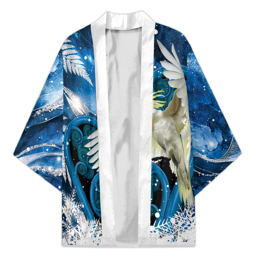 Sulphur-crested Cockatoo New Zealand Christmas In July Kimono NZ Aroha Koru Fern Marble Vibes LT14 Unisex Blue - Polynesian Pride
