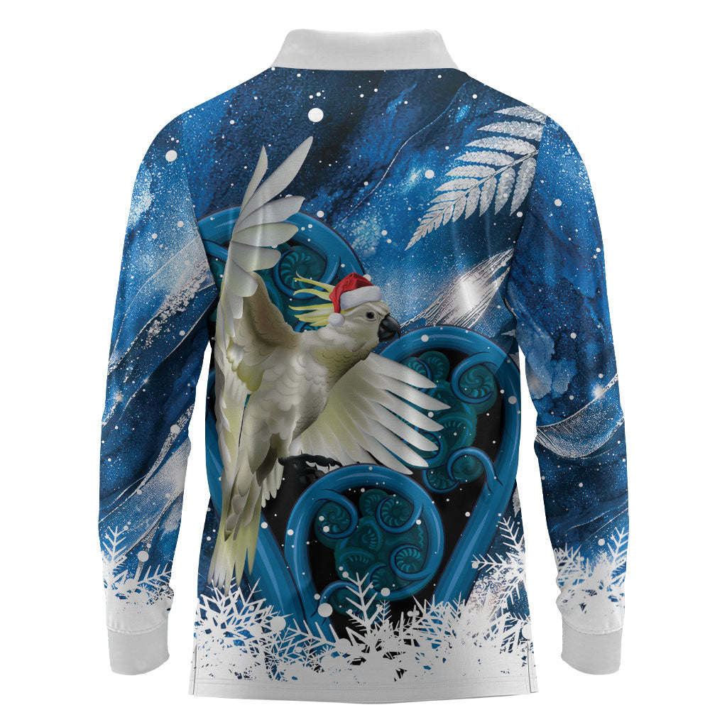 Sulphur-crested Cockatoo New Zealand Christmas In July Long Sleeve Polo Shirt NZ Aroha Koru Fern Marble Vibes LT14 - Polynesian Pride
