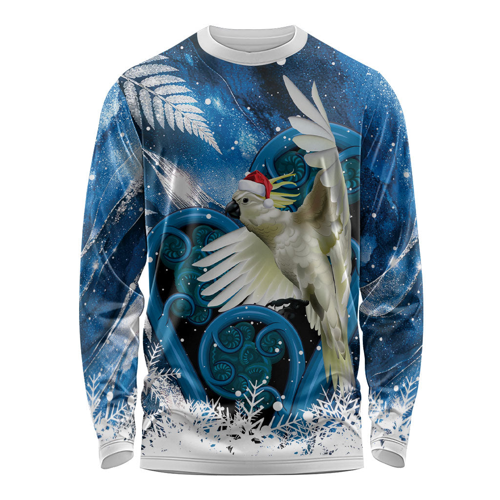 Sulphur-crested Cockatoo New Zealand Christmas In July Long Sleeve Shirt NZ Aroha Koru Fern Marble Vibes LT14 Unisex Blue - Polynesian Pride