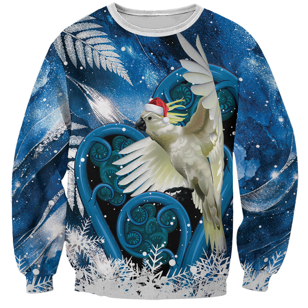 Sulphur-crested Cockatoo New Zealand Christmas In July Sweatshirt NZ Aroha Koru Fern Marble Vibes LT14 Unisex Blue - Polynesian Pride