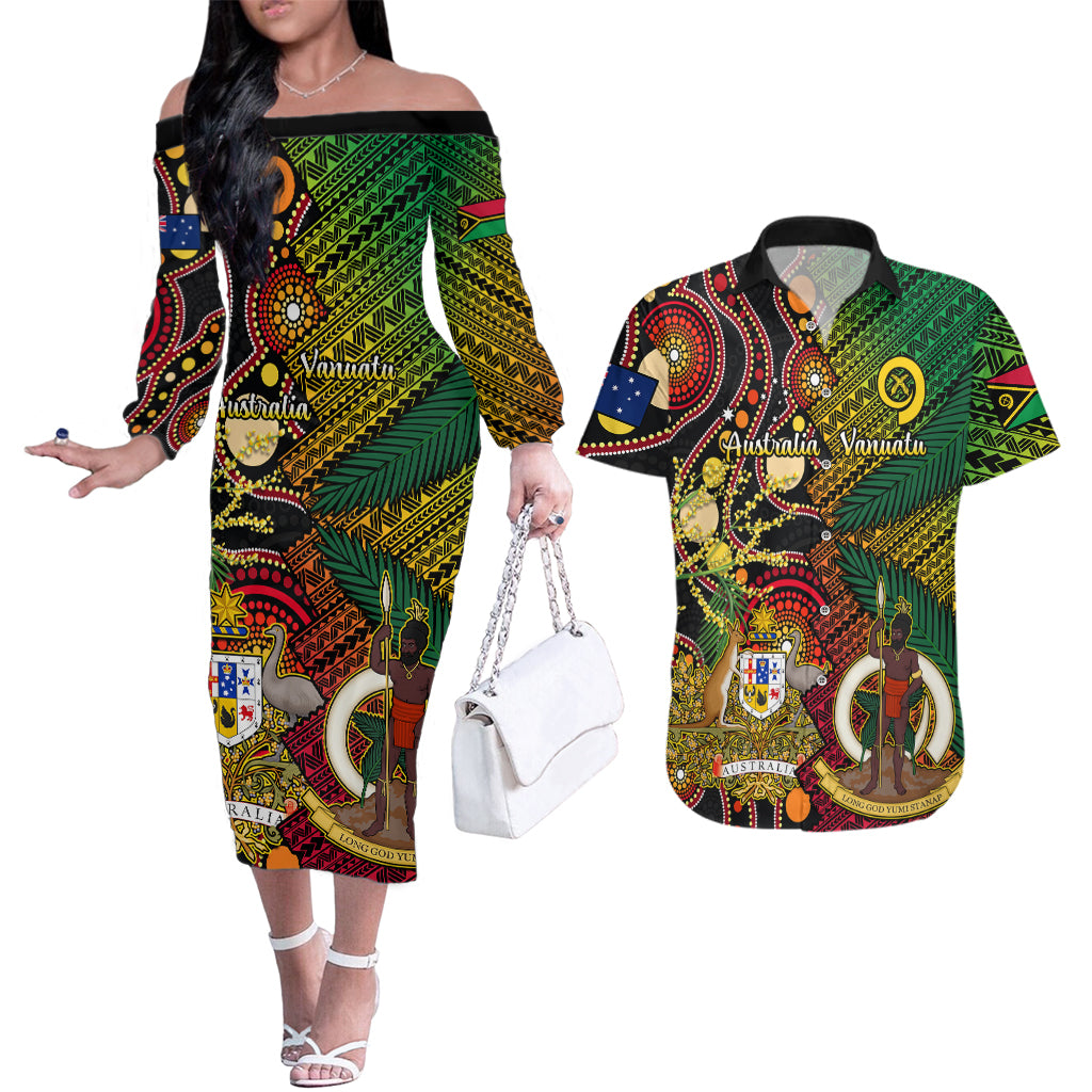 Vanuatu and Australia Couples Matching Off The Shoulder Long Sleeve Dress and Hawaiian Shirt Vanuatuan Polynesian Mix Aussie Aboriginal Art LT14 Black - Polynesian Pride