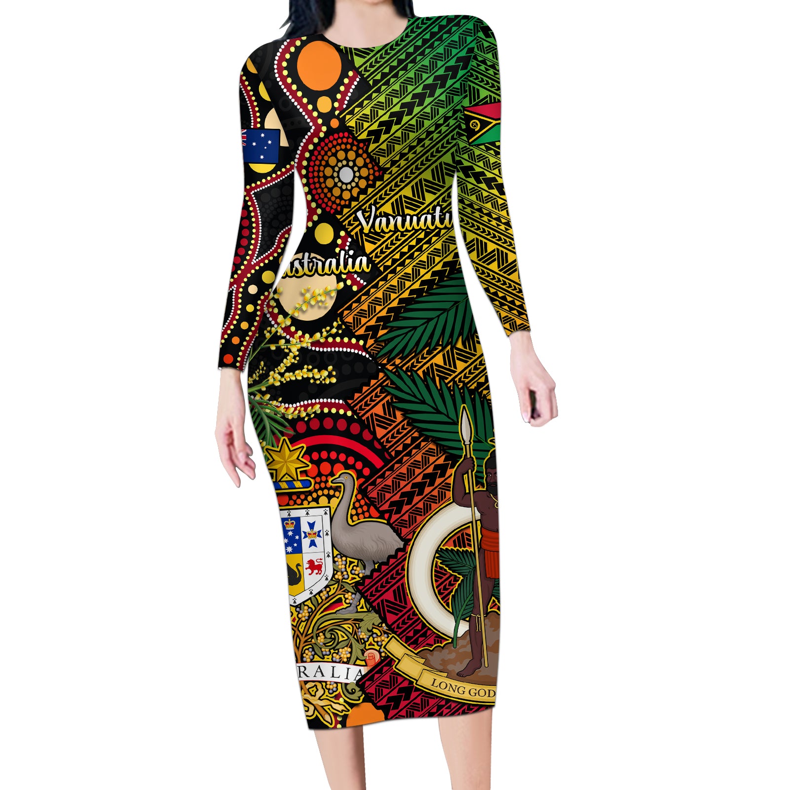 Vanuatu and Australia Long Sleeve Bodycon Dress Vanuatuan Polynesian Mix Aussie Aboriginal Art LT14 Long Dress Black - Polynesian Pride