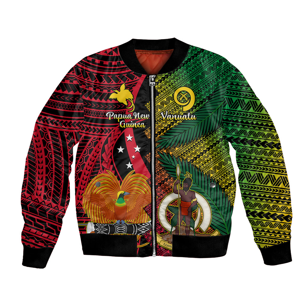 Vanuatu and Papua New Guinea Bomber Jacket Vanuatuan With PNG Polynesian Pattern LT14 Unisex Black - Polynesian Pride