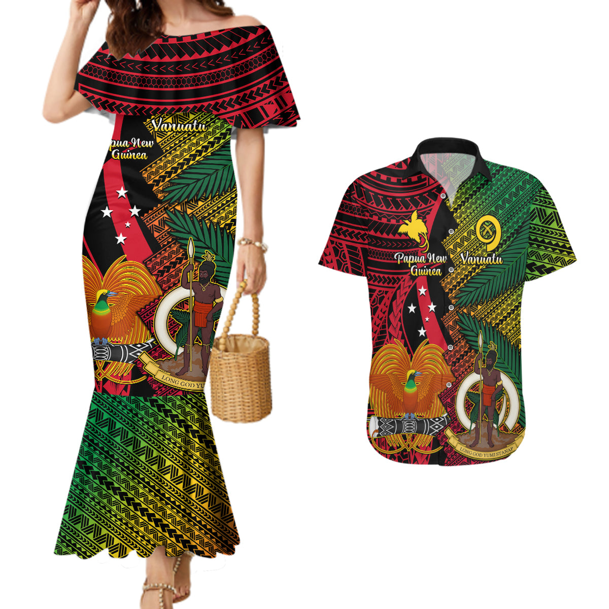 Vanuatu and Papua New Guinea Couples Matching Mermaid Dress And Hawaiian Shirt Vanuatuan With PNG Polynesian Pattern LT14 Black - Polynesian Pride